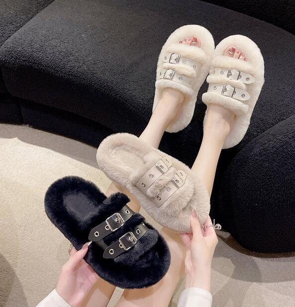韓国風ファーバックル付きスリッパ秋冬保温