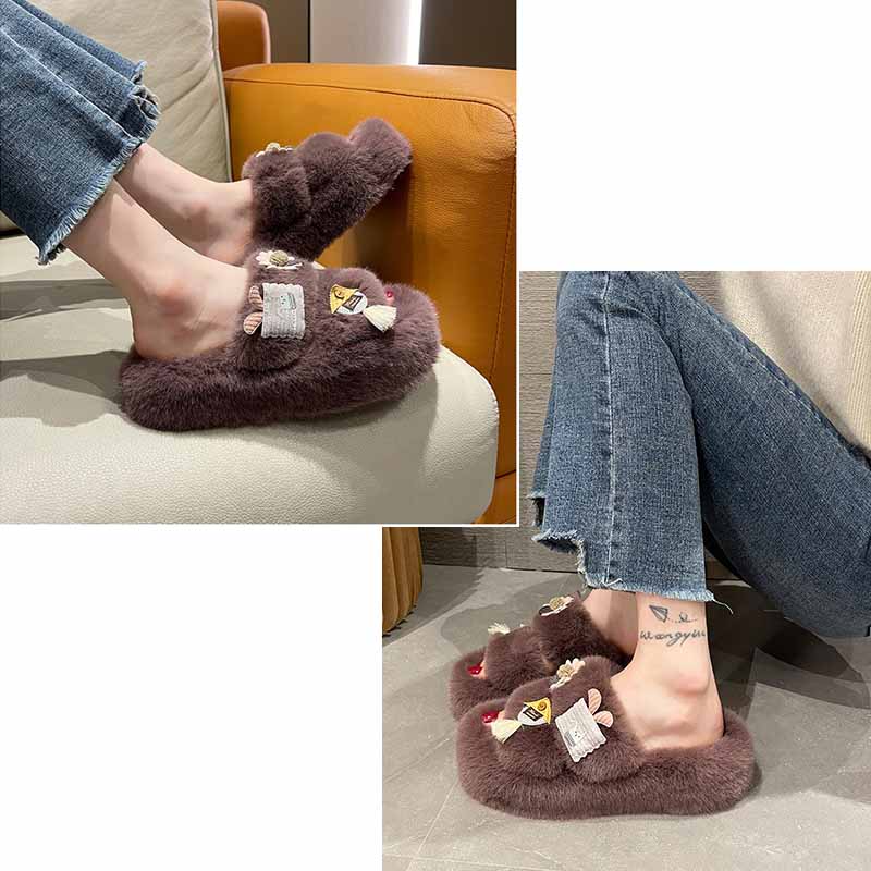 ふわふわファー装飾付きレディーススリッパ