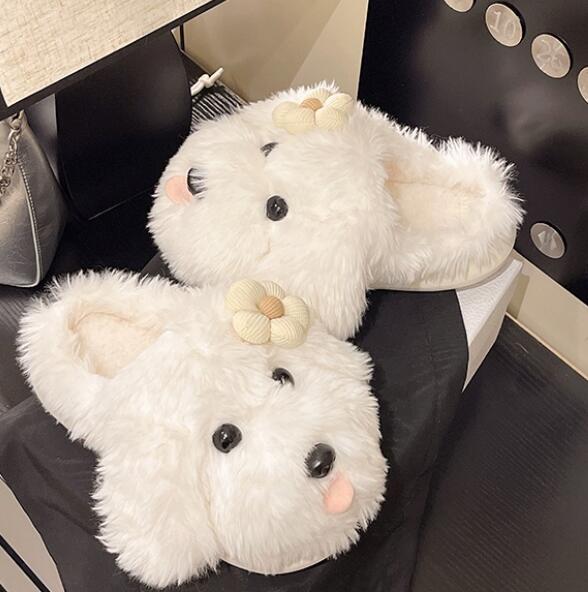 秋冬ふわふわ毛玉犬顔ルームスリッパ花飾り付き