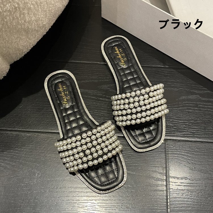 真珠風装飾付き上品な女性用フラットスリッパ