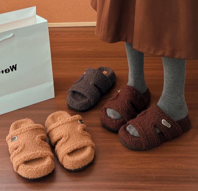 秋冬もこもこ厚底スリッパ起毛ミュール