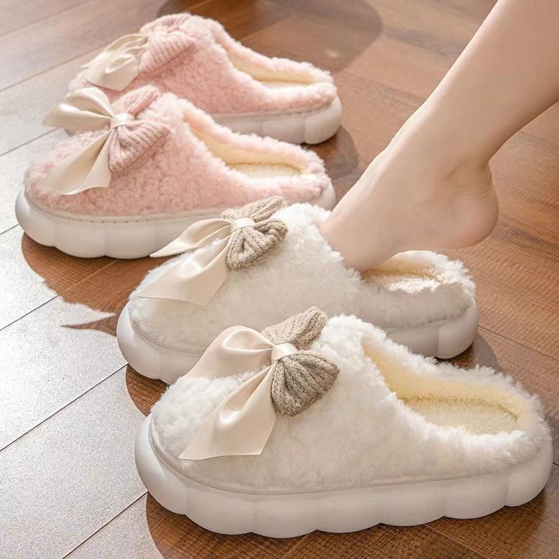 スリッパ もこもこリボン付き厚底ルームシューズ