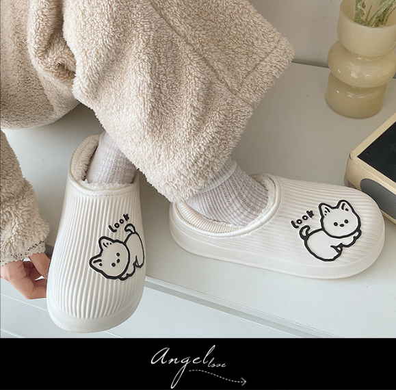 冬用ふわふわ裏起毛猫柄スリッパ室内履き
