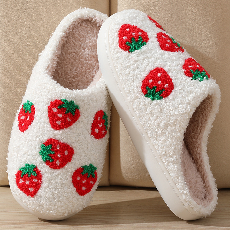 いちご刺繍ふわふわ暖かいルームスリッパ