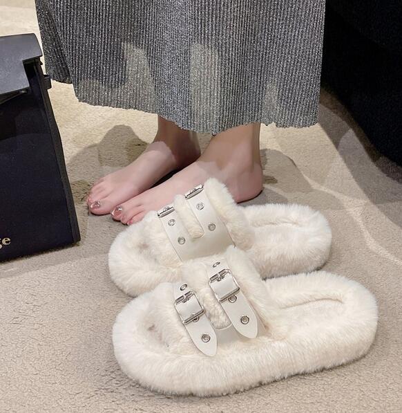 韓国風ファーバックル付きスリッパ秋冬保温