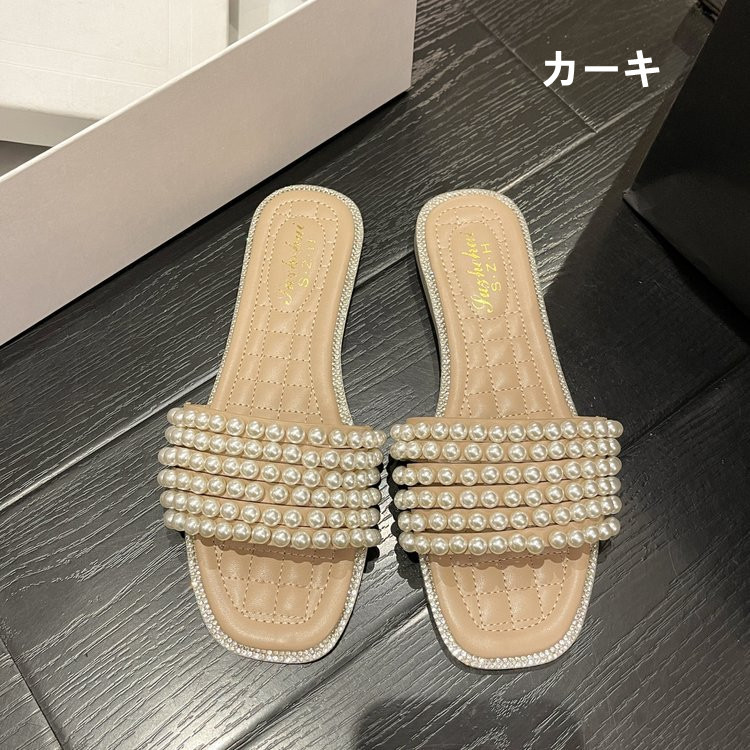 真珠風装飾付き上品な女性用フラットスリッパ