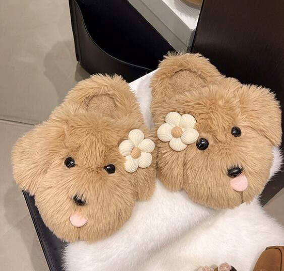 秋冬ふわふわ毛玉犬顔ルームスリッパ花飾り付き