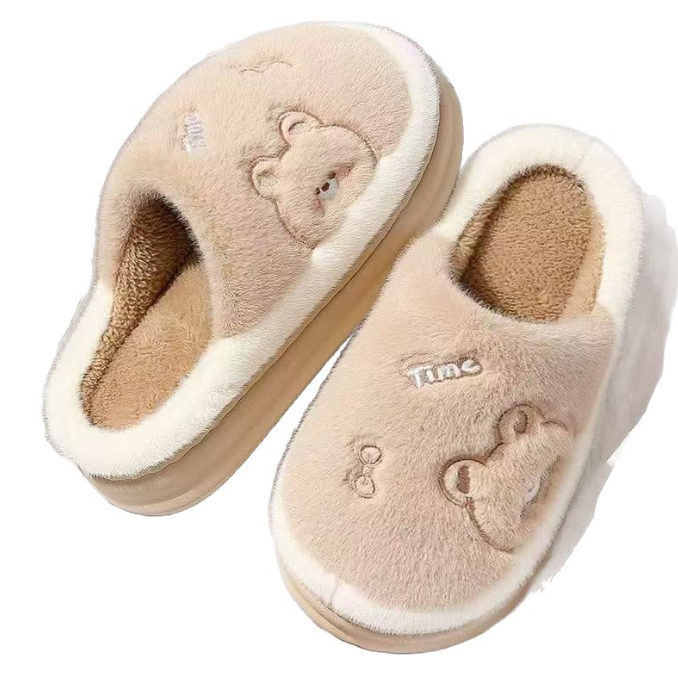 秋冬新作 くまさん刺繍 ふわふわ ファー付き ルームスリッパ