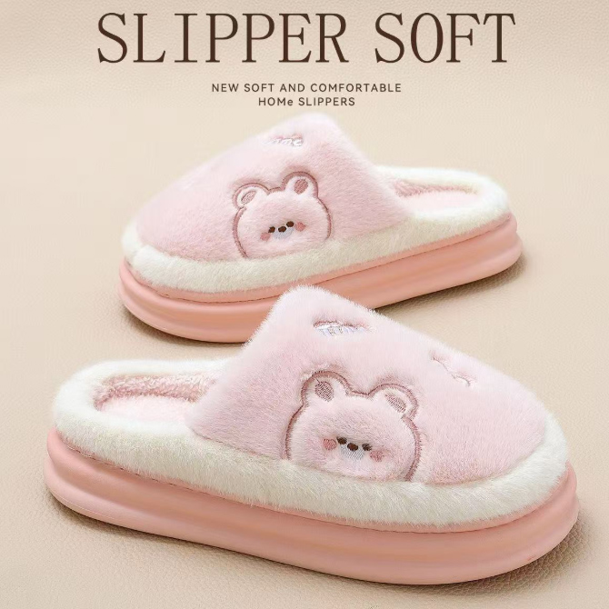 秋冬新作 くまさん刺繍 ふわふわ ファー付き ルームスリッパ