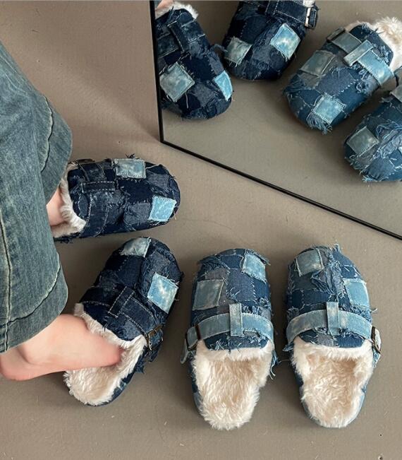 デニムパッチワーク起毛スリッパ