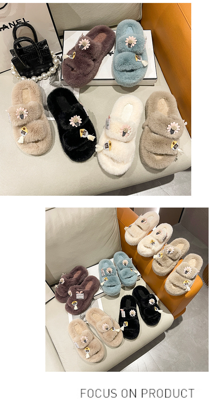 レディース ふわふわ ファー スリッパ 花飾り付き ルームシューズ