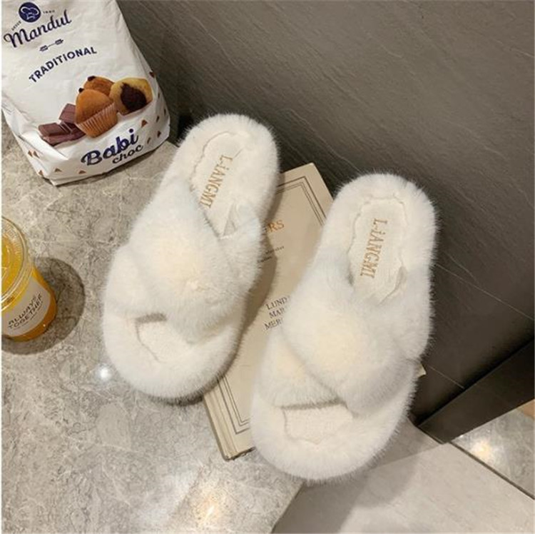 ふわふわファー交差ストラップスリッパ女性用厚底