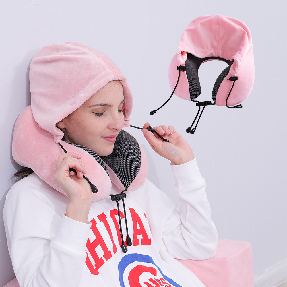 ネックピロー 多機能フード付きネックピロー調節紐付き