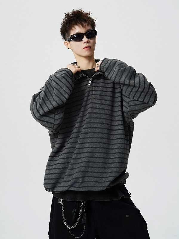 スウェットボーダー柄男女兼用ゆったりトップス