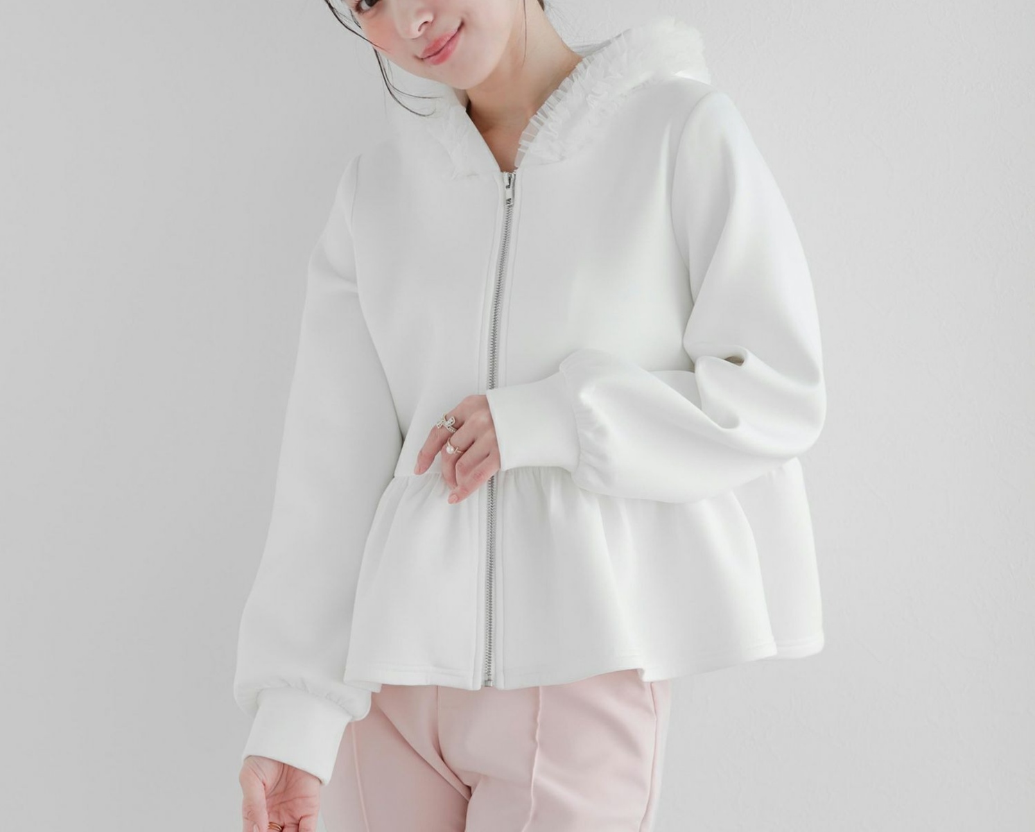 スウェットフリル装飾 ジップアップ パーカー 
