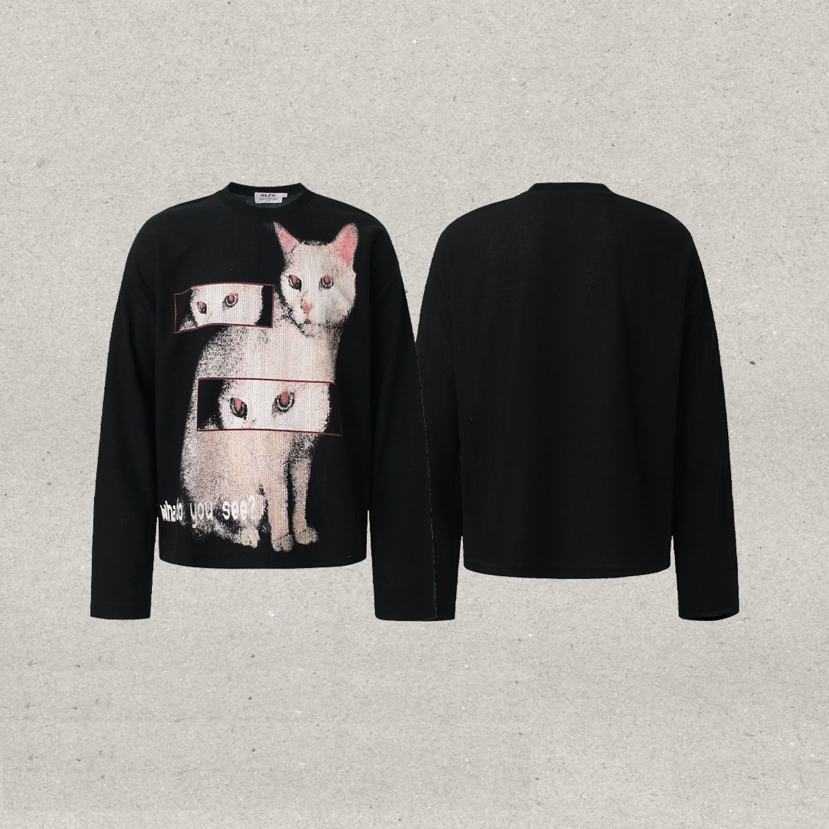 スウェット猫柄プリント長袖 クルーネック   
