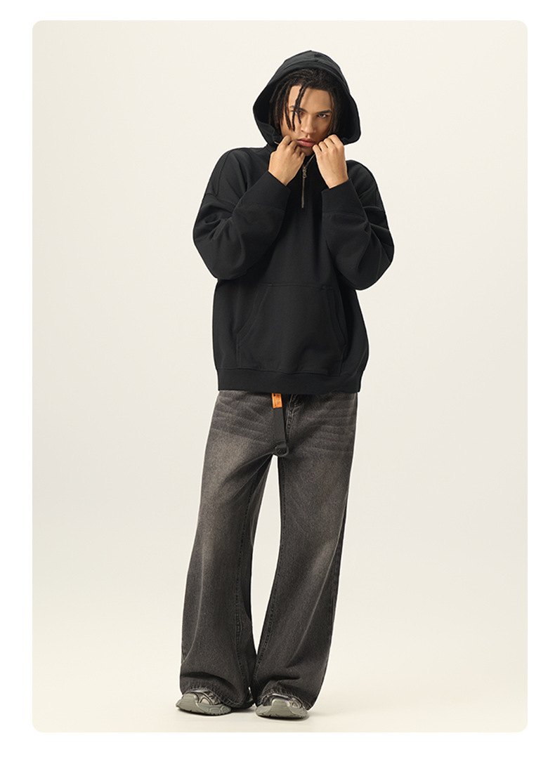 スウェットメンズ 厚手 ハーフ開け フード付き 裏パイル  パーカー 全2色