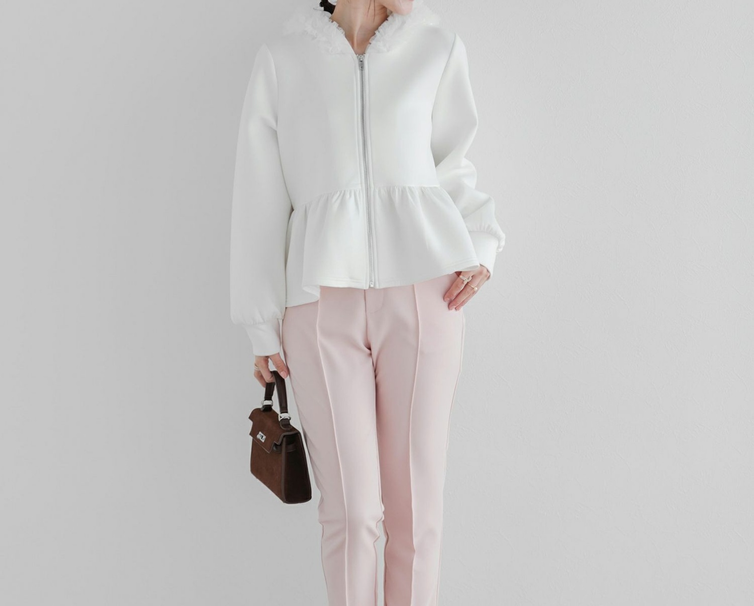 スウェットフリル装飾 ジップアップ パーカー 