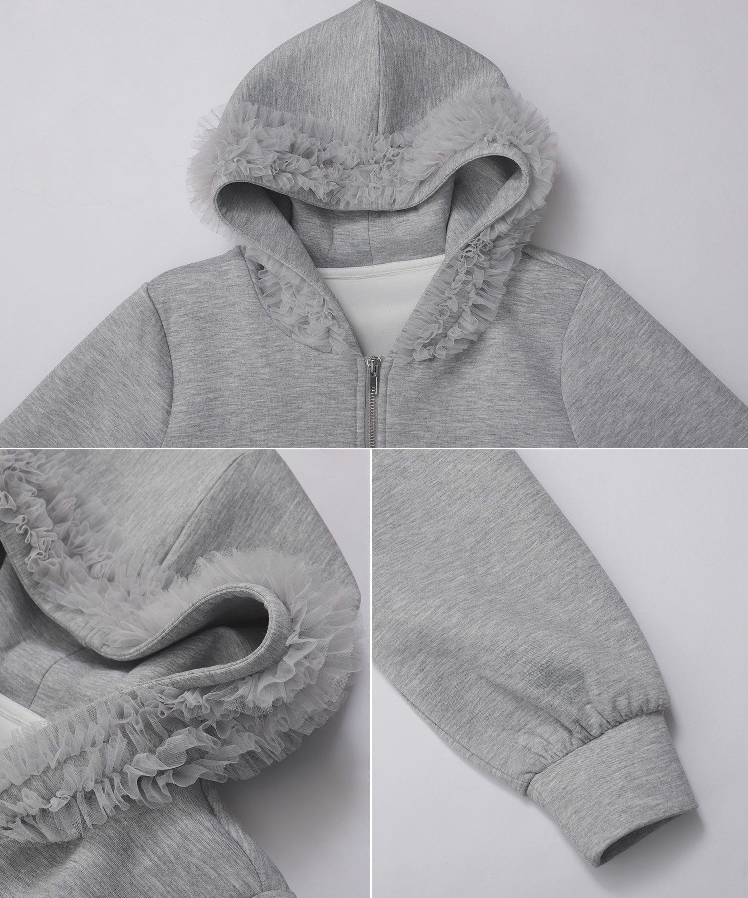 スウェットフリル装飾 ジップアップ パーカー 