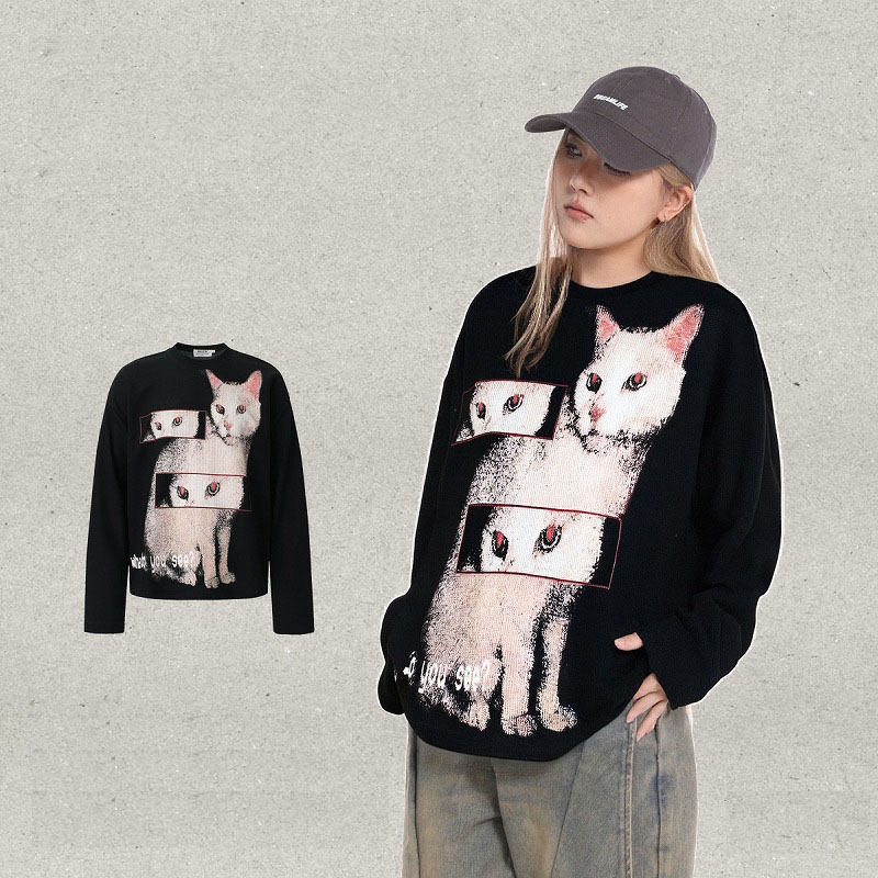 スウェット猫柄プリント長袖 クルーネック   