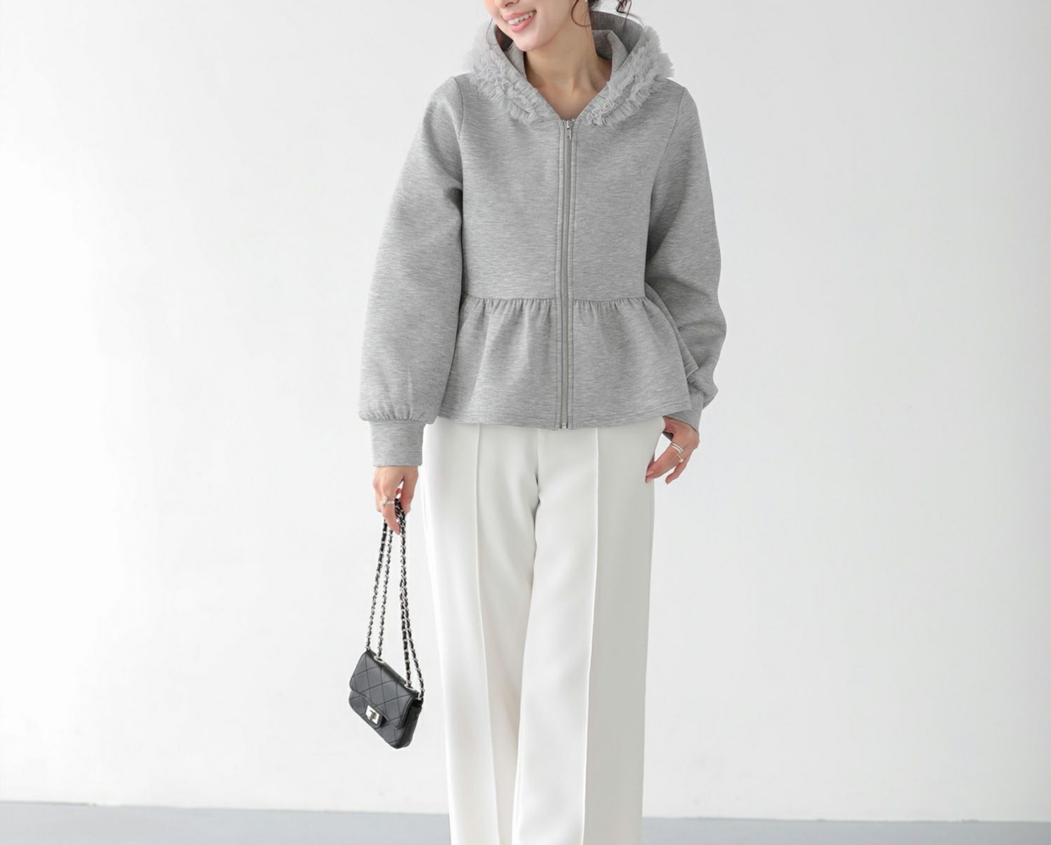 スウェットフリル装飾 ジップアップ パーカー 