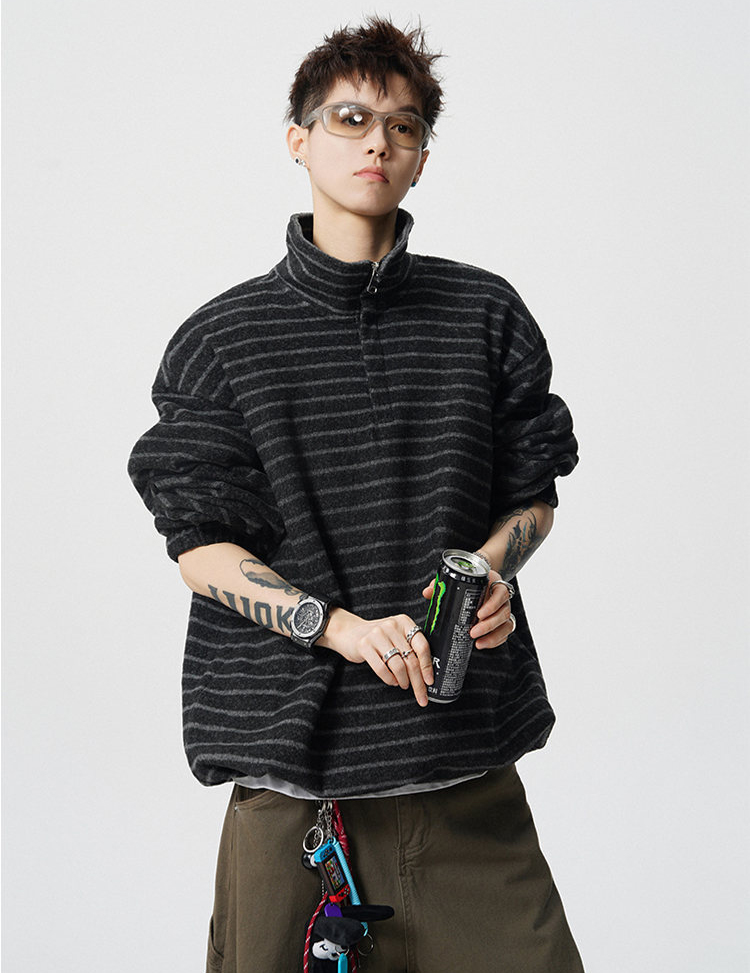 スウェットボーダー柄男女兼用ゆったりトップス