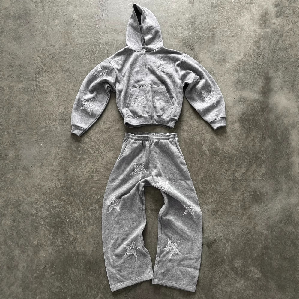 スウェットメンズ 星柄刺繍ジップアップパーカー裏起毛セットアップ