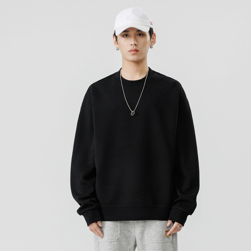 スウェットメンズ ワッフル編み丸首ゆったりスウェットシャツ