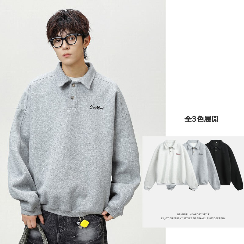 スウェットメンズ メンズ襟付きボタンスウェット秋新作ヴィンテージ風