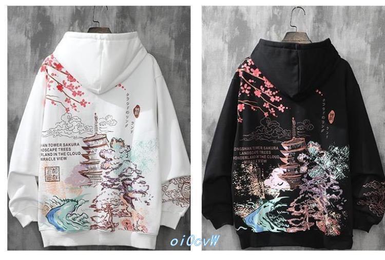 スウェットメンズ 和柄雲龍桜五重塔プリントパーカー