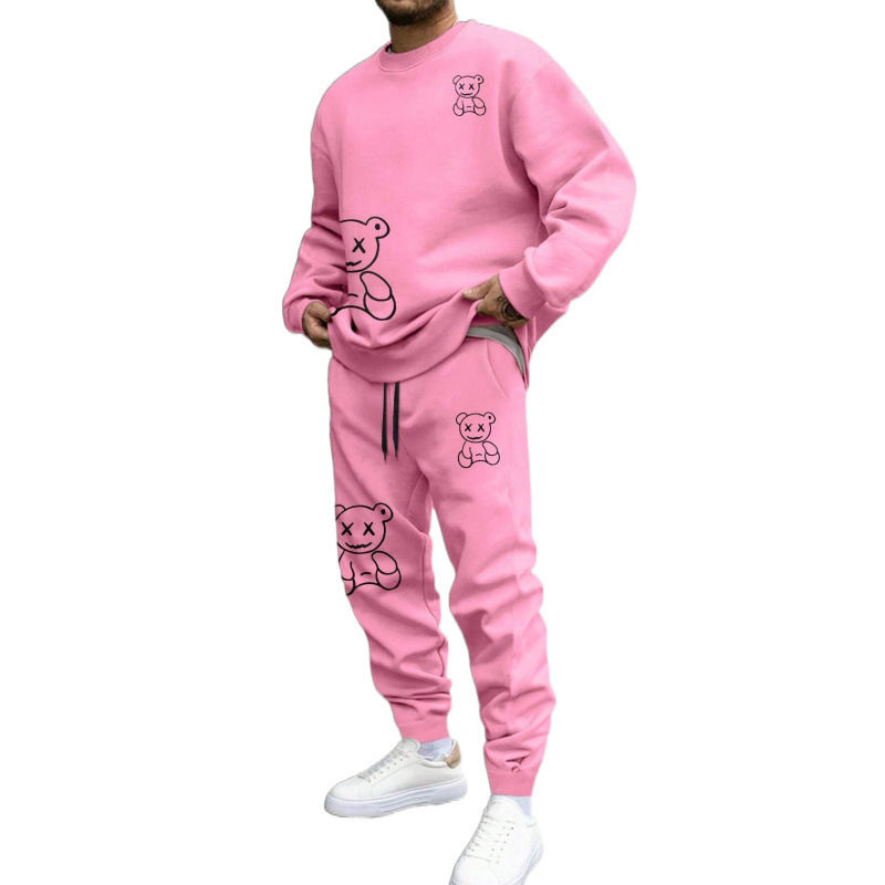 スウェットメンズ くま刺繍デザイン上下セット裏起毛セットアップ