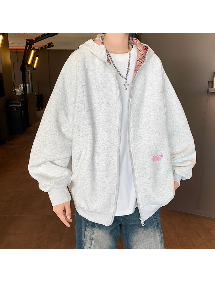 スウェットメンズ 裏地チェック柄フード付きジップアップ パーカー