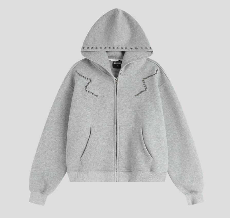 スウェットメンズ メンズ スタッズ装飾 ジップパーカー 秋冬トップス