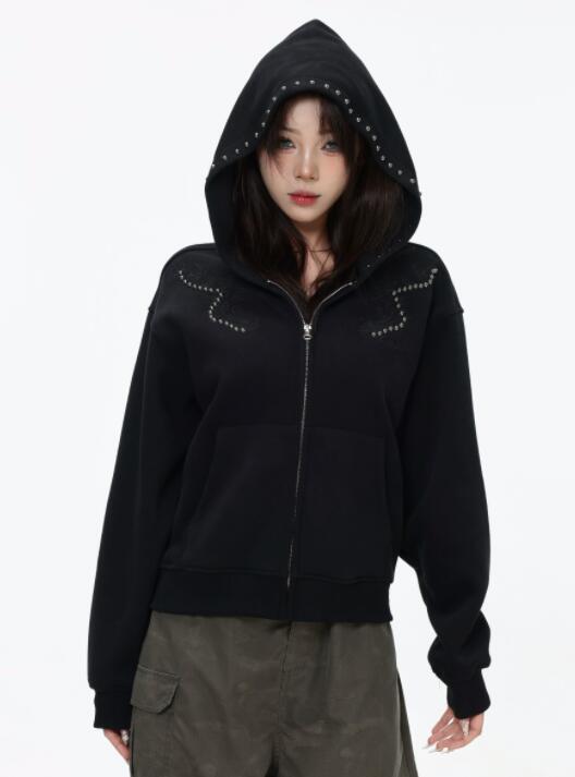 スウェットメンズ メンズ スタッズ装飾 ジップパーカー 秋冬トップス