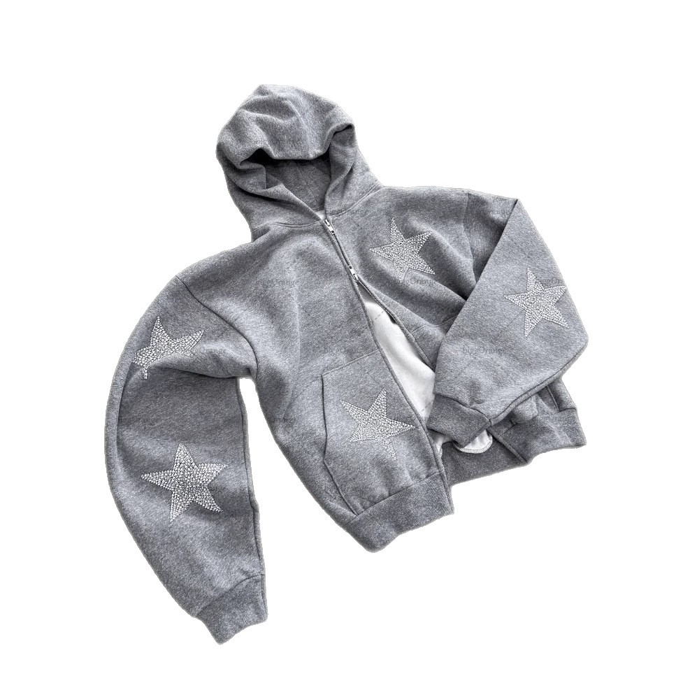 スウェットメンズ 星柄刺繍ジップアップパーカー裏起毛セットアップ