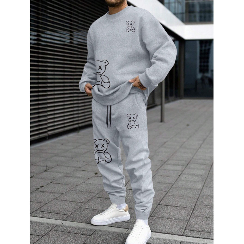 スウェットメンズ くま刺繍デザイン上下セット裏起毛セットアップ