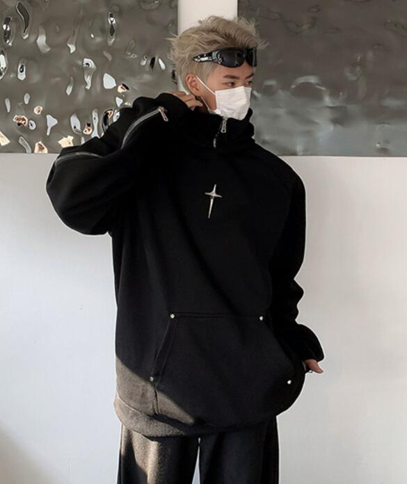 スウェットメンズ メンズ フード付き スウェット パーカー 黒 十字刺繍