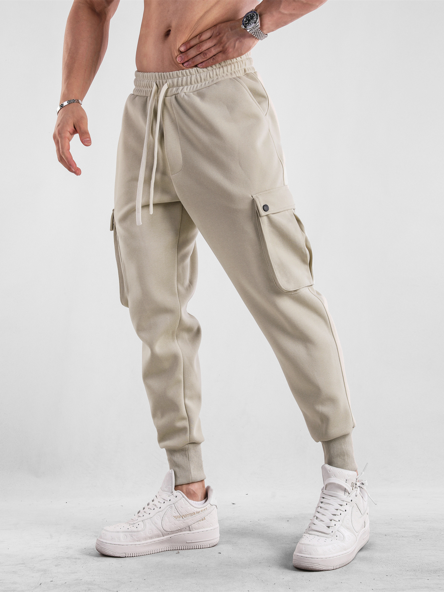 スウェットメンズ 多機能カーゴポケット付き裾リブジョガースウェットパンツ