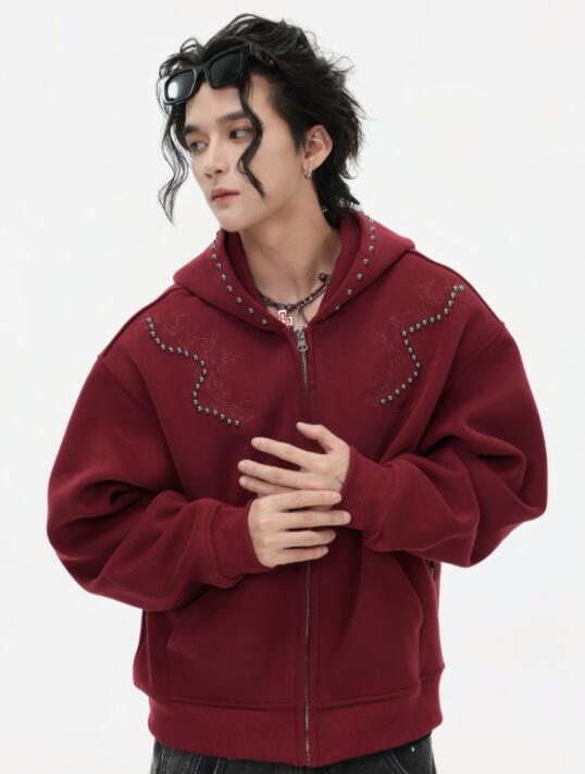 スウェットメンズ メンズ スタッズ装飾 ジップパーカー 秋冬トップス