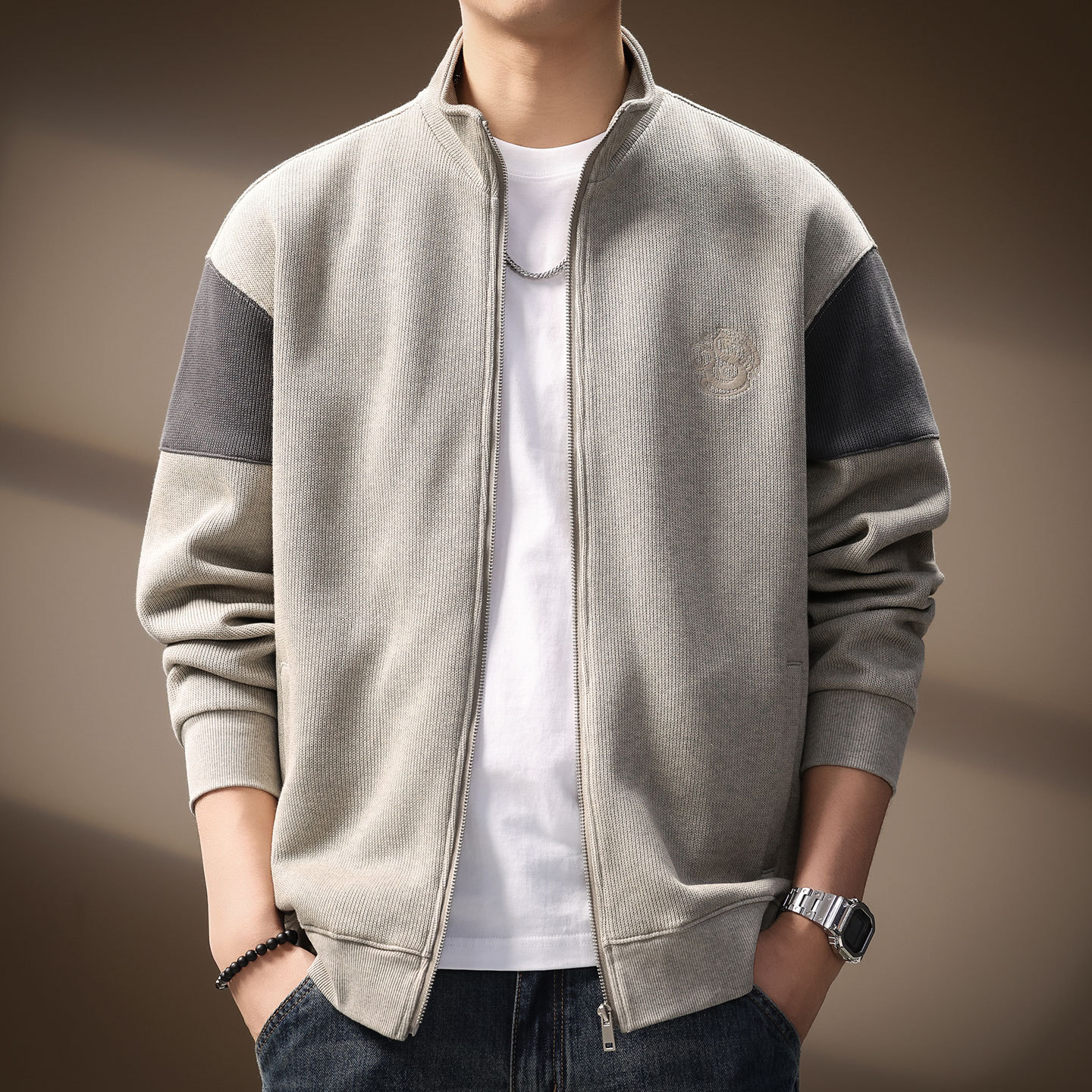 スウェットメンズ 配色切替デザインスタンドカラージップアップスウェット