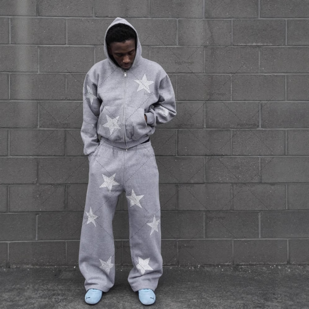 スウェットメンズ 星柄刺繍ジップアップパーカー裏起毛セットアップ