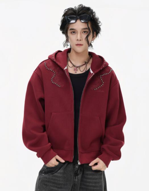 スウェットメンズ メンズ スタッズ装飾 ジップパーカー 秋冬トップス