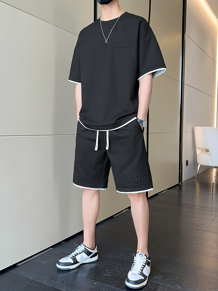 スウェットメンズ シンプル刺繍ロゴ半袖セットアップ