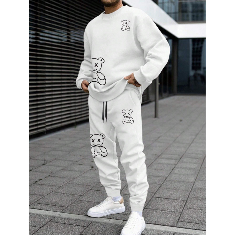 スウェットメンズ くま刺繍デザイン上下セット裏起毛セットアップ