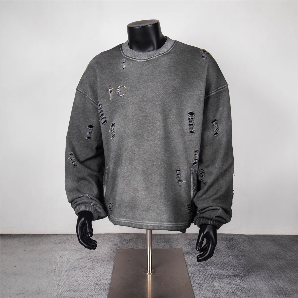 スウェットメンズ ダメージ加工裏起毛クルーネックスウェット