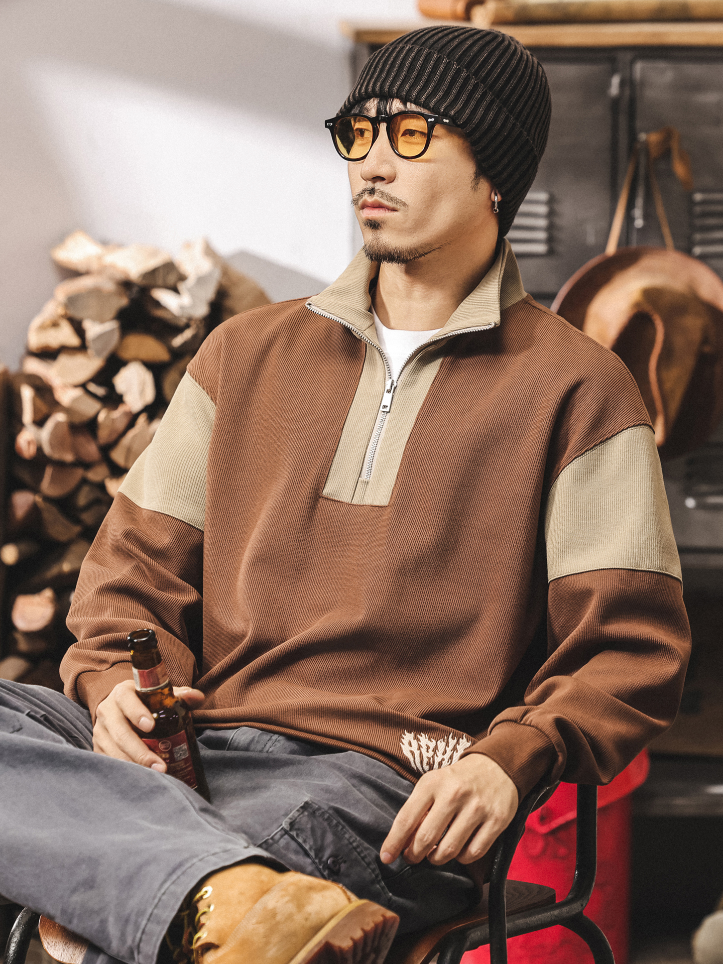 スウェットメンズ 配色切替デザインハーフジップスウェット