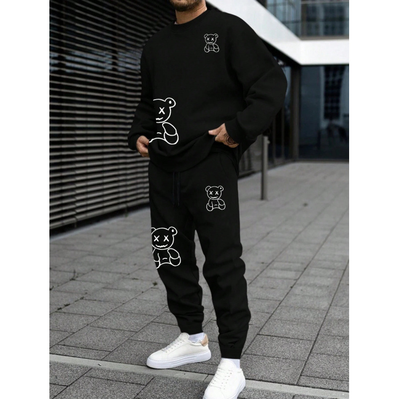 スウェットメンズ くま刺繍デザイン上下セット裏起毛セットアップ