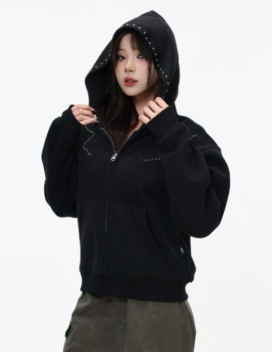 スウェットメンズ メンズ スタッズ装飾 ジップパーカー 秋冬トップス