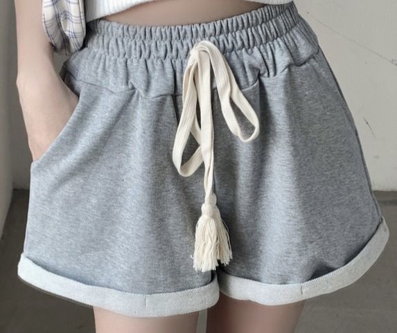 【レディース】スウェットパンツ タッセル付きハイウエストロールアップショートパンツ