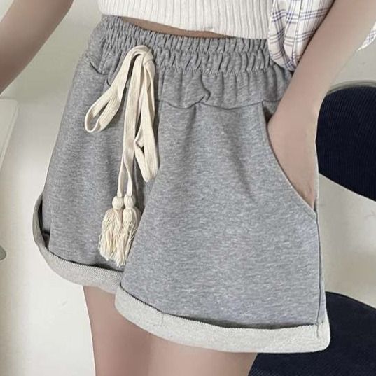 【レディース】スウェットパンツ タッセル付きハイウエストロールアップショートパンツ